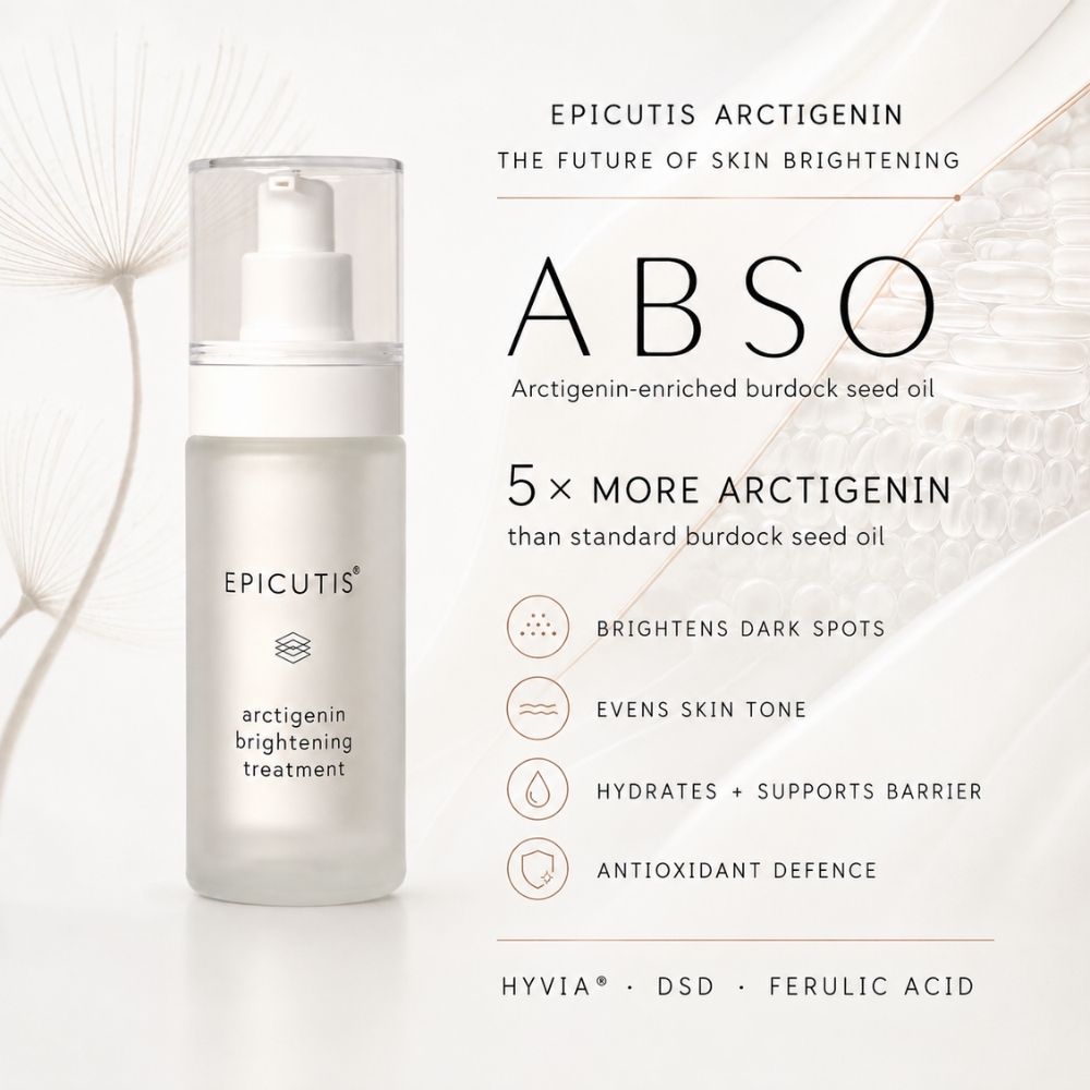 Epicutis Arctigenin Brightening Treatment bottle on a clean white background with text detailing its skin brightening benefits.