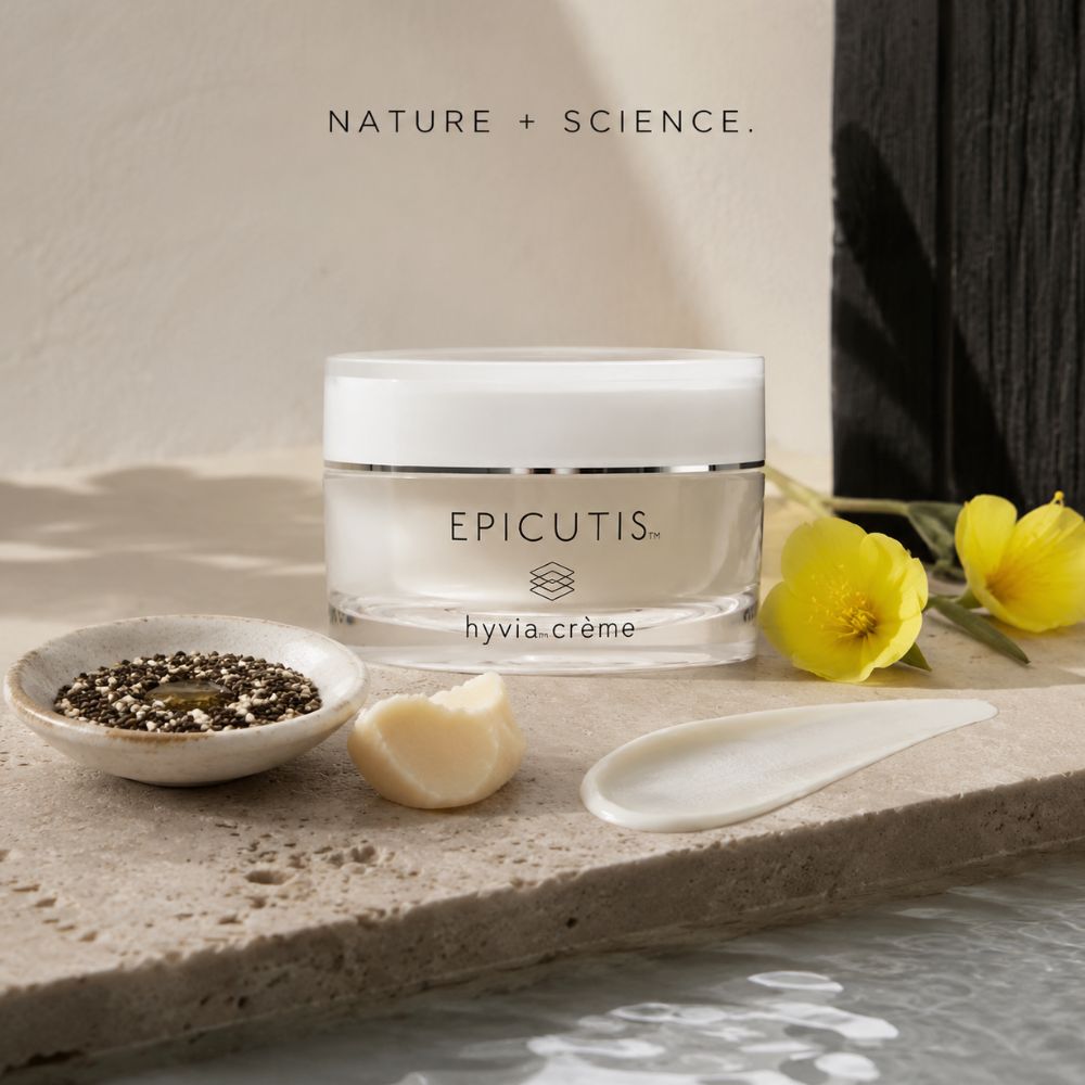 A jar of Epicutis Hyvia crème skincare cream sits on a stone slab with a smear of cream, chia seeds, and yellow flowers. The text 'NATURE + SCIENCE.