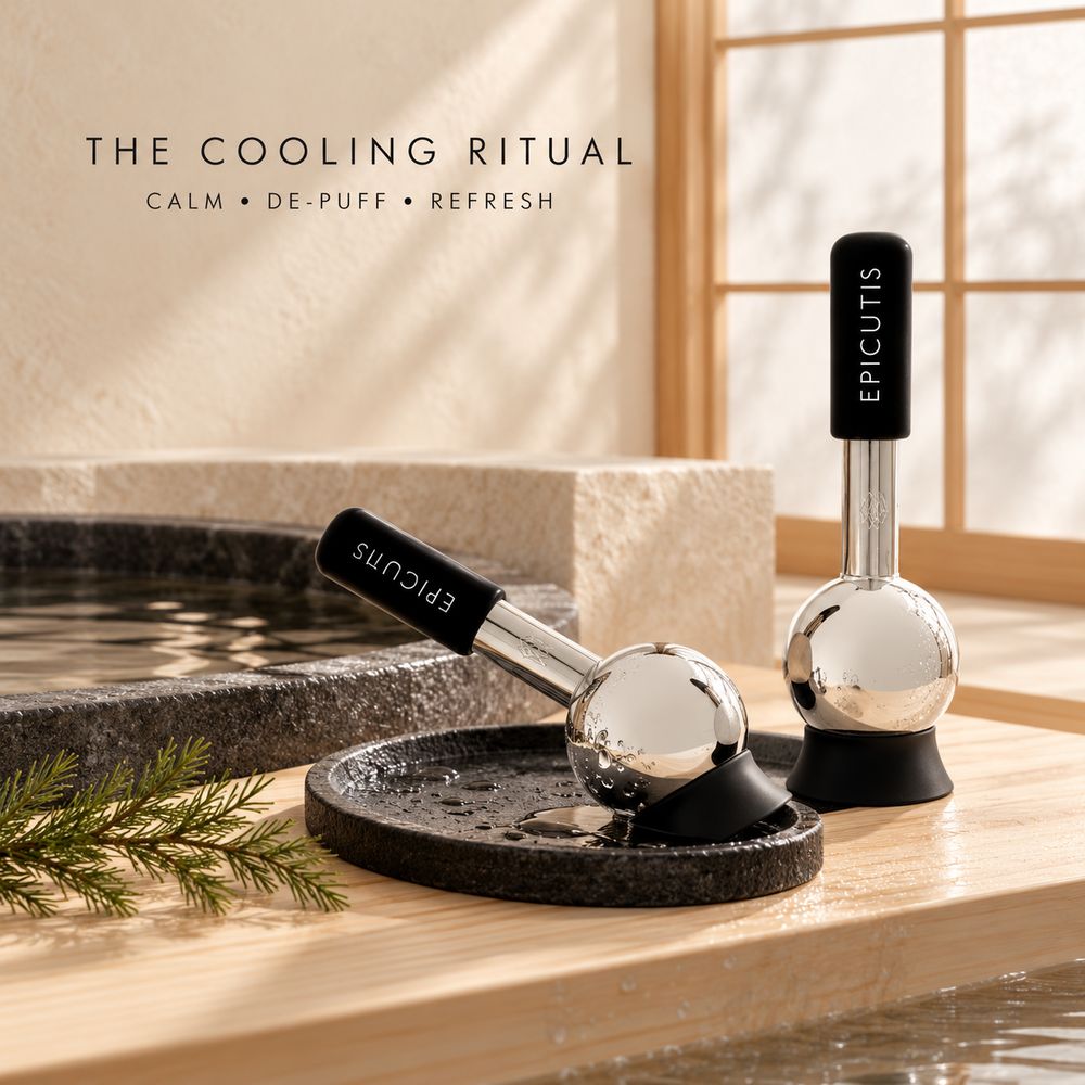 Two  Epicutis Cryo Globes cooling massage devices displayed on a wooden surface beside a stone basin, with text reading 'THE COOLING RITUAL' in a warm spa-like setting.