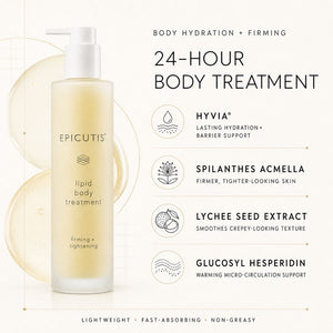 Epicutis 24-Hour Body Treatment liquid body treatment bottle on a cream background with ingredient callouts and text.