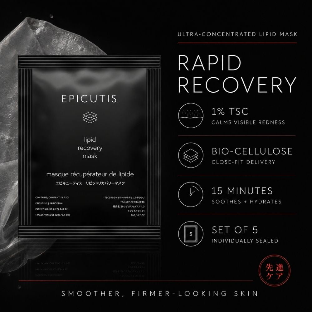 Epicutis Rapid Recovery Lipid Recovery Mask packaging shown on a black background with product benefits listed on the right, including 1% TSC, bio-cellulose close-fit delivery, 15 minutes soothing, and a set of 5 individually sealed masks.