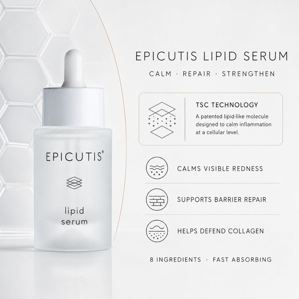 Epicutis Lipid Serum bottle on a clean white background with text detailing its benefits and technology.