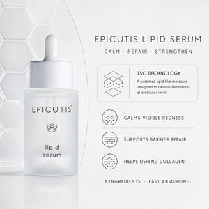 Epicutis Lipid Serum bottle on a clean white background with text detailing its benefits and technology.