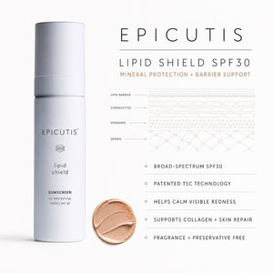Epicutis Lipid Shield SPF 30 sunscreen bottle in a light gray-white color, shown next to a swatch of the product's peach-colored cream and a detailed infographic explaining the SPF 30 mineral protection barrier.