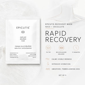Epicutis Rapid Recovery Neck and Decolletage mask packaging shown on a clean white background with product information text beside it.