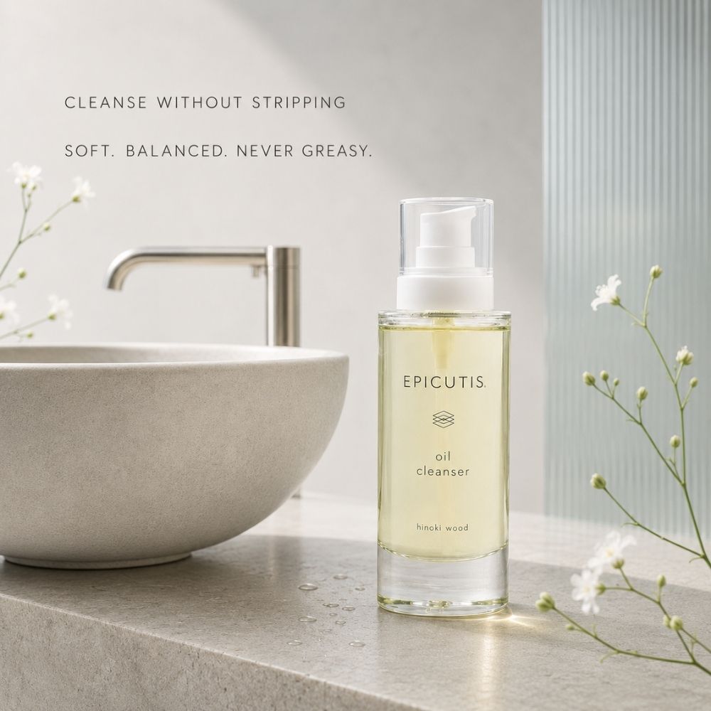 A clear bottle of Epicutis oil cleanser with pale yellow liquid stands on a light stone countertop beside a ceramic sink and small white flowers. Text on the image reads: 'CLEANSE WITHOUT STRIPPING / SOFT.