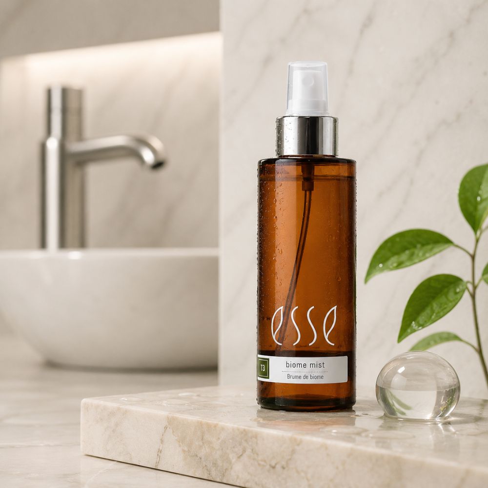 An amber glass spray bottle of esse Biome Mist stands on a marble surface in a bathroom setting with a sink, faucet, and green plant leaves in the background.