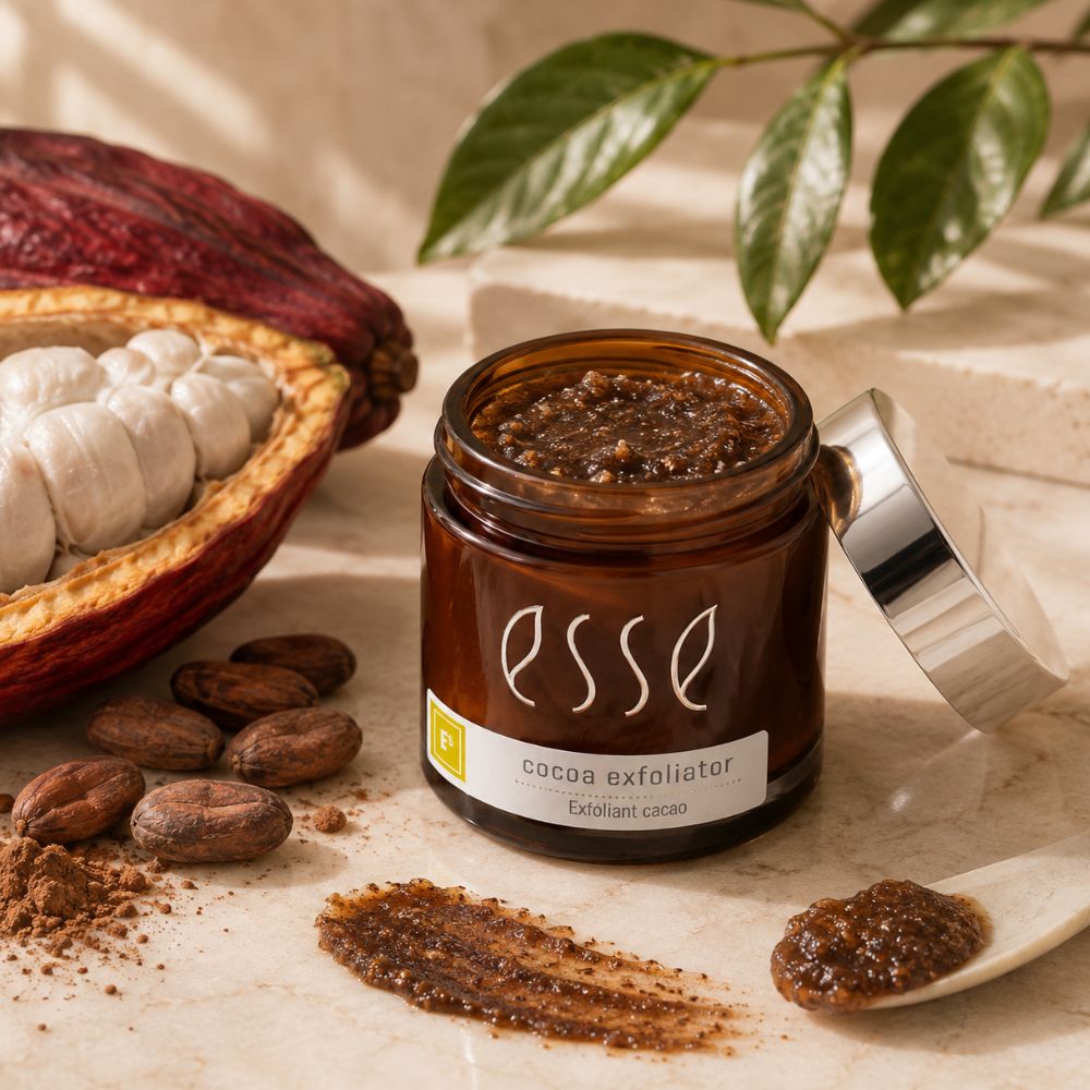 A jar of ESSE Cocoa Exfoliator shown on a stone surface with cocoa beans, cocoa pod pieces, cocoa powder, a spoonful of the exfoliator, and green leaves in the background.