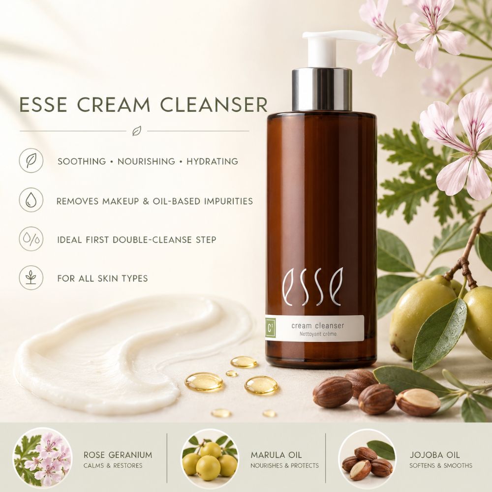 Essé Cream Cleanser pump bottle in amber brown with a white pump, shown on a warm beige background with skincare text, a smear of cream, gold serum droplets, and botanical ingredients including rose geranium, marula oil, and jojoba oil.