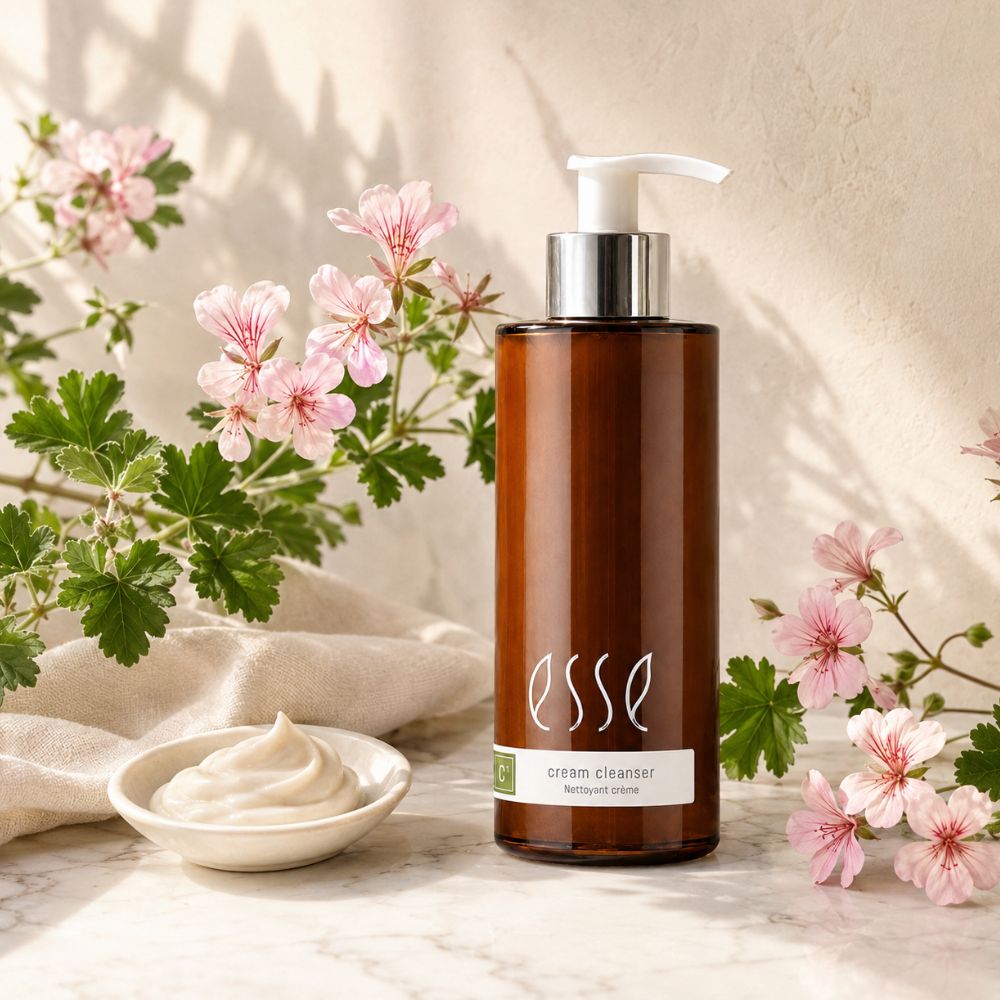 An amber glass pump bottle of ESSE Cream Cleanser moisturising cleanser sits on a marble surface, surrounded by pink flowers, green leaves, a beige cloth, and a small dish of cream.