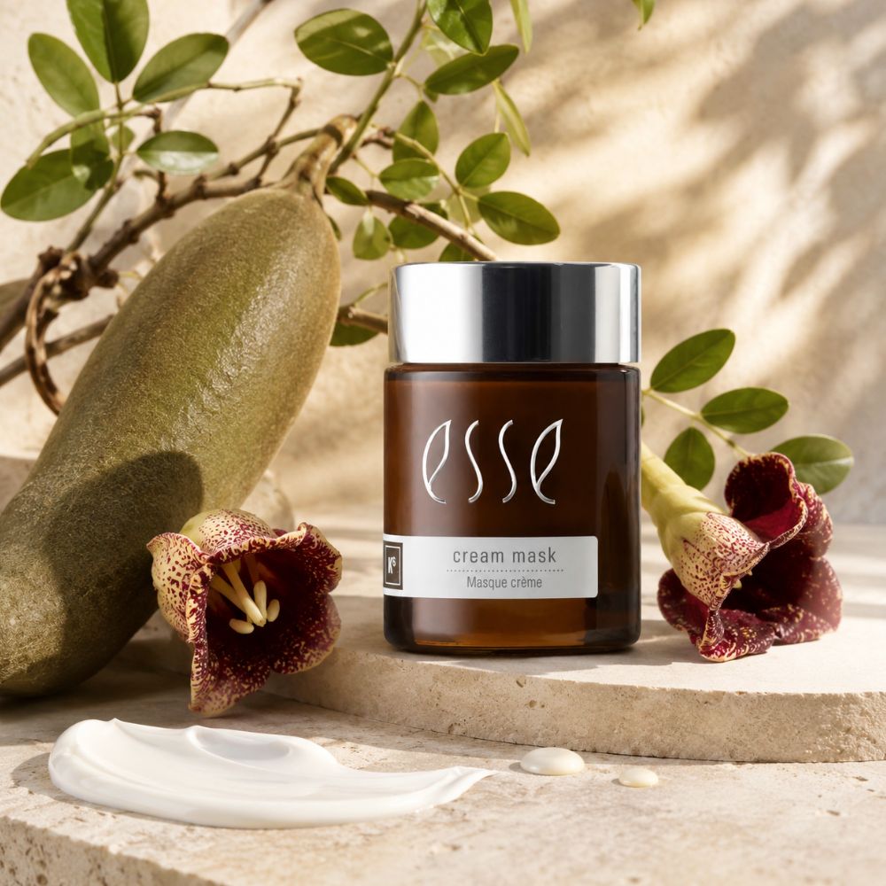 An amber glass jar of ESSE Cream Mask with a silver lid, styled on a stone slab with a smear of white cream, a green stone, and red flowers.