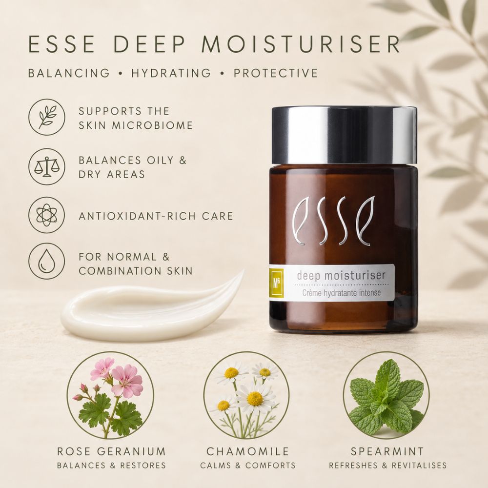 Essé Deep Moisturiser jar shown on a light beige background with product benefits listed on the left, a white cream smear in the center, and three botanical icons at the bottom representing rose geranium, chamomile, and spearmint.