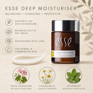 Essé Deep Moisturiser jar shown on a light beige background with product benefits listed on the left, a white cream smear in the center, and three botanical icons at the bottom representing rose geranium, chamomile, and spearmint.