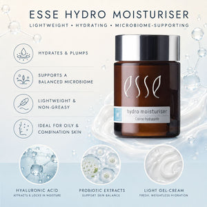 Essé Hydro Moisturiser jar shown on a light blue promotional graphic with product claims, water droplets, and ingredient callouts. The main subject is the cosmetic bottle itself, with the brand name ESSE prominently visible on the label and top text.