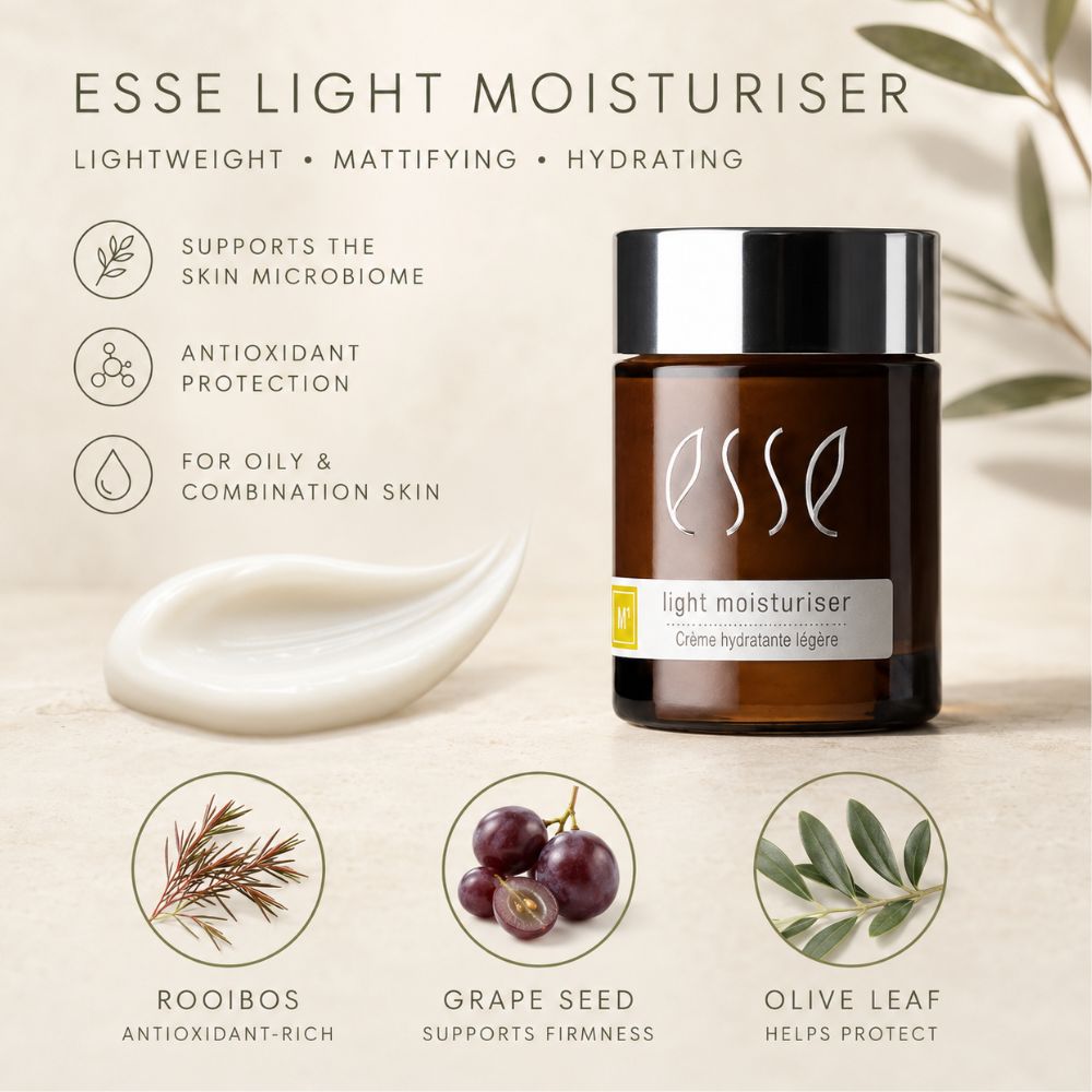Essé Light Moisturiser jar in a clean studio-style layout with text callouts, a smear of white cream, and ingredient icons for rooibos, grape seed, and olive leaf on a warm beige background.