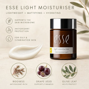 Essé Light Moisturiser jar in a clean studio-style layout with text callouts, a smear of white cream, and ingredient icons for rooibos, grape seed, and olive leaf on a warm beige background.