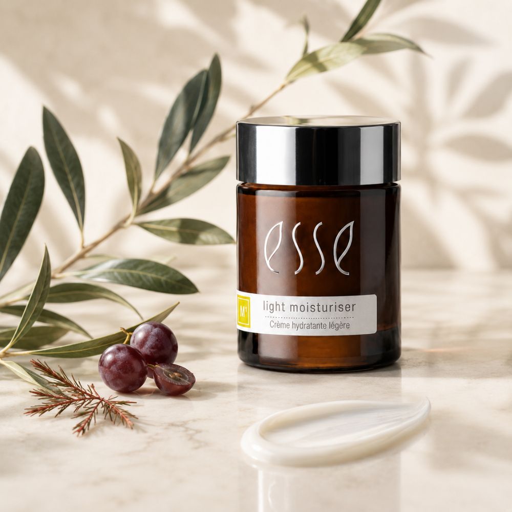 Essé Light Moisturiser cream jar in an amber glass bottle with a black lid, styled on a marble surface with olive branches, olives, and a white silicone applicator.