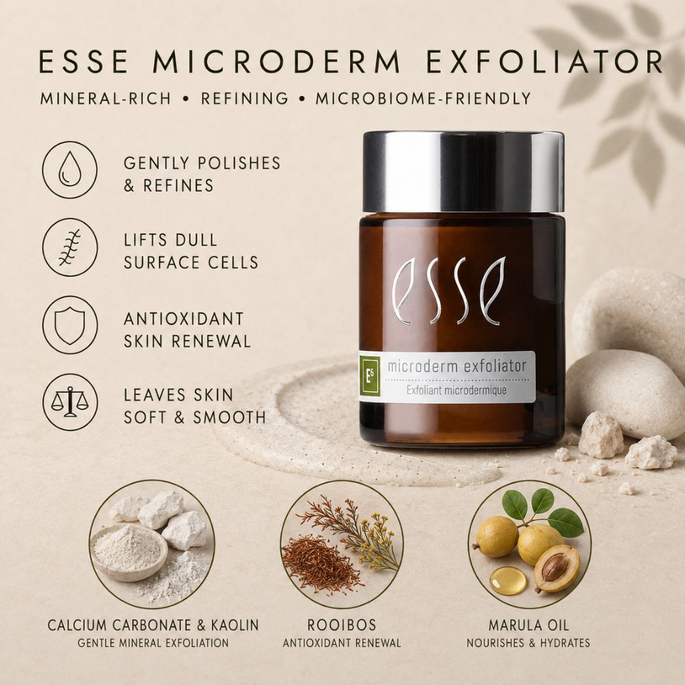 Essé Microderm Exfoliator jar shown on a beige textured background with product claims, ingredient icons, and small circular insets for calcium carbonate, rooibos, and marula oil.