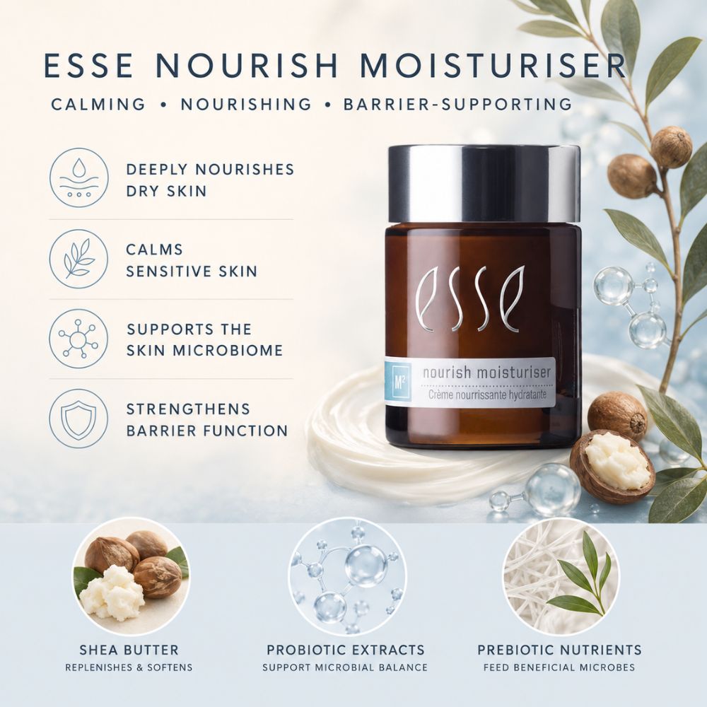 Esse Nourish Moisturiser bottle shown on a light blue promotional graphic with ingredient callouts and botanical illustrations. The amber bottle has a silver cap and a white label with the Esse logo.