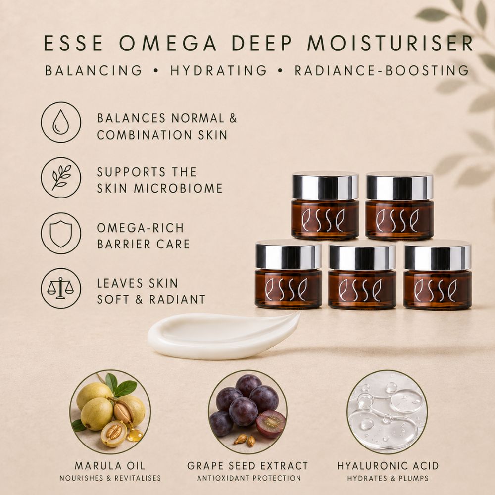 Essé Omega Deep Moisturiser skincare set featuring five amber glass jars with silver lids, displayed on a warm beige background with product benefits, ingredient callouts, and a white spatula.