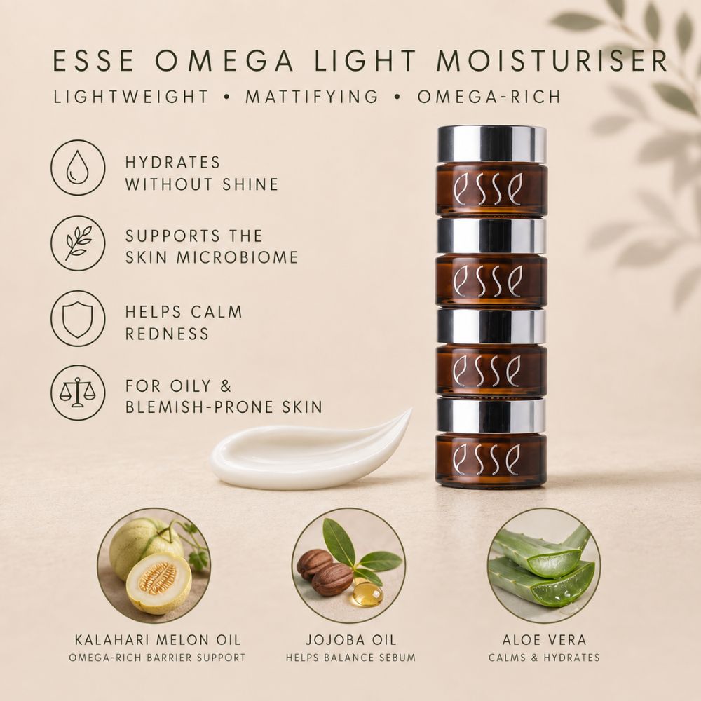 Essé Omega Light Moisturiser shown in a stack of four amber jars with silver lids, alongside a white cream smear on a warm beige background with product benefits and ingredient callouts.