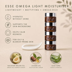 Essé Omega Light Moisturiser shown in a stack of four amber jars with silver lids, alongside a white cream smear on a warm beige background with product benefits and ingredient callouts.