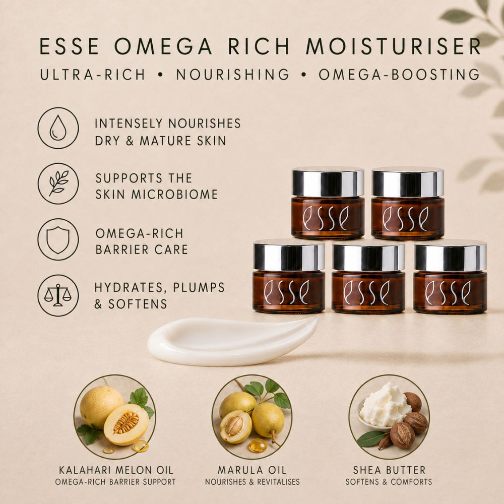 Esse Omega Rich Moisturiser set of five amber glass jars with silver lids, displayed on a beige background with product benefits, a white spoon, and ingredient callouts for kalahari melon oil, marula oil, and shea butter.