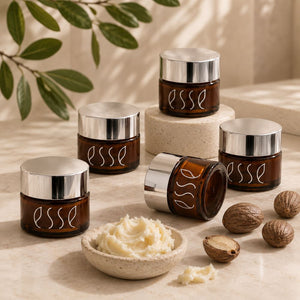 Five amber glass cosmetic jars containing'esse omega rich moisturiser' are arranged on a beige stone surface with a small bowl of cream and whole nuts nearby. The scene is styled with soft natural shadows and leaf branches in the background.
