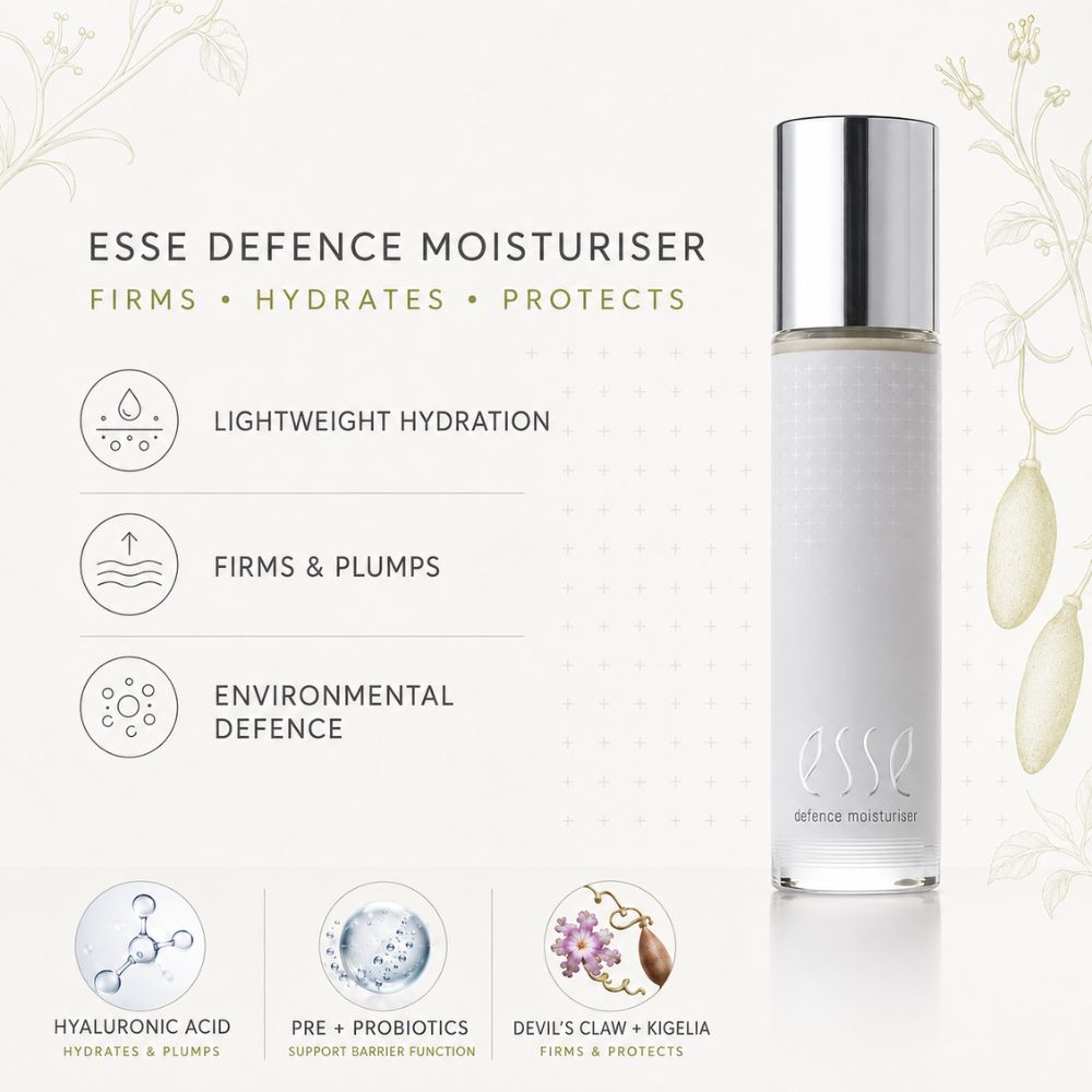 Essence Defence Moisturiser bottle on a light cream background with product benefits listed on the left, including lightweight hydration, firms and plumps, and environmental defence.