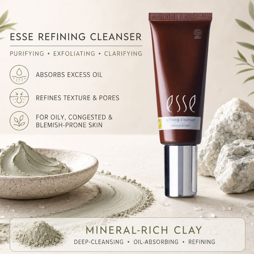 Esse Refining Cleanser in a dark brown squeeze tube with a silver cap, displayed on a light beige background with skincare props including a bowl of clay mask, powder, and rocks. Text highlights its purifying, exfoliating, and oil-absorbing properties.