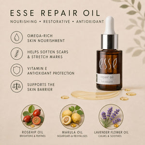 Essé Repair Oil bottle with dropper on a beige background, surrounded by product benefits text and three ingredient circles showing rosehip oil, marula oil, and lavender flower oil.