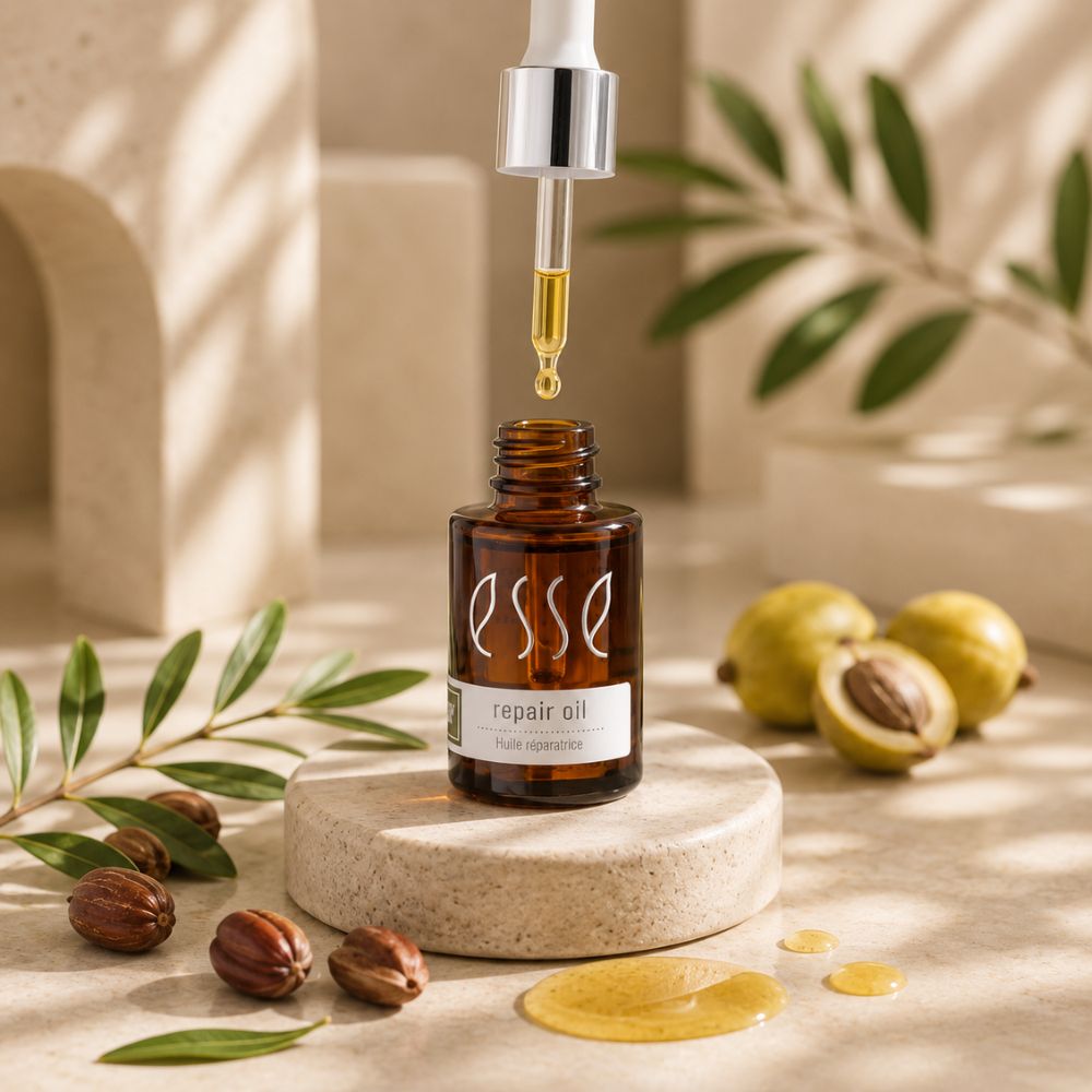 A bottle of Esse Repair Oil with a dropper above it, styled on a stone pedestal with nutmegs, olive leaves, and a warm beige background.