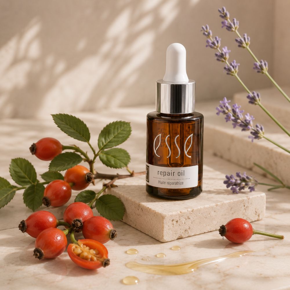 EssE Repair Oil in an amber glass dropper bottle, styled on a stone block with rose hips, lavender, and a gold spoon on a marble surface.
