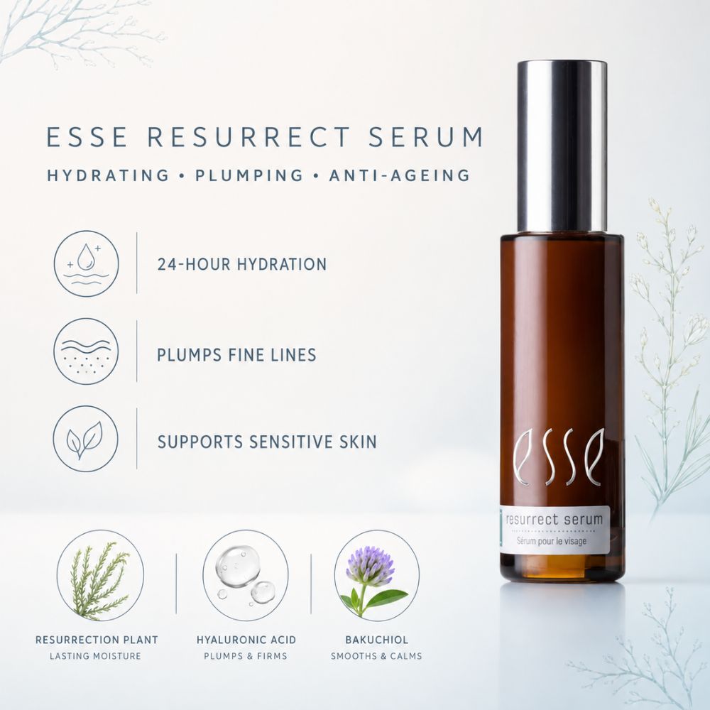 EssE Resurrect Serum in an amber glass bottle with a silver cap, shown on a light background with product benefits and ingredient icons.