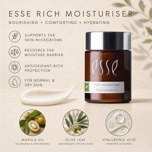 Essé Rich Moisturiser jar shown on a beige background with product claims, a dollop of cream, and ingredient callouts for marula oil, olive leaf, and hyaluronic acid.