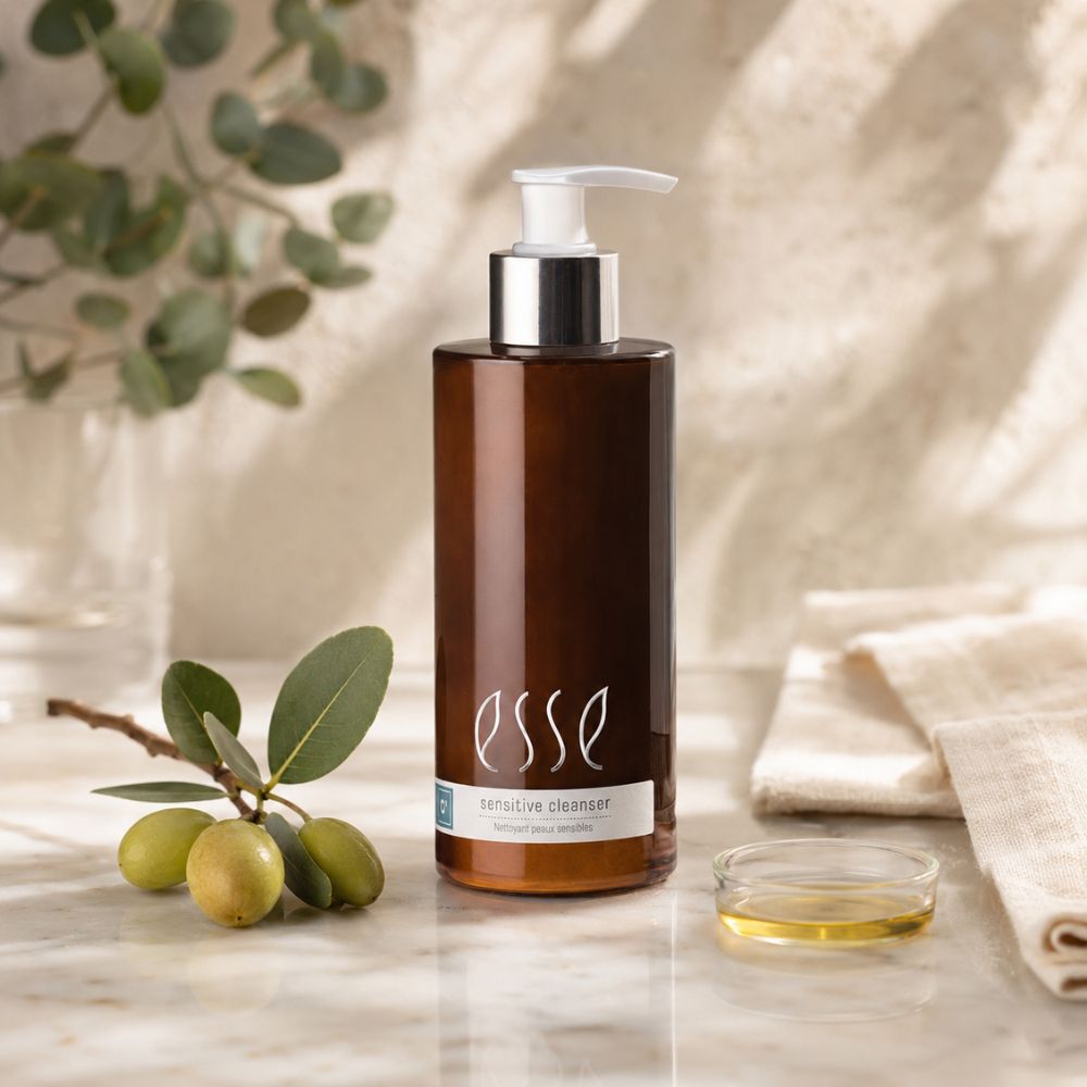 A bottle of ESSE Sensitive Cleanser with a white pump and silver collar, set on a marble surface with olive branches and folded linen towels in a warm, natural setting.
