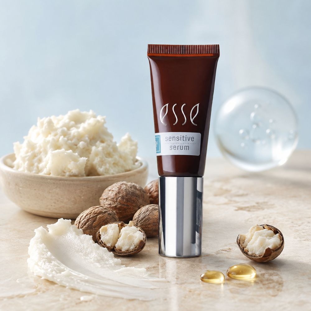 A tube of Esse Sensitive Serum stands upright on a light stone surface, surrounded by white cream, whole and cracked walnuts, and a few golden oil droplets, with a soft pale blue background and a blurred glass sphere behind it.