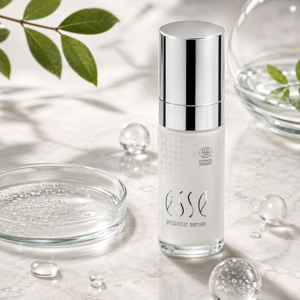 Organic ESSE Skincare UK Probiotic Serum in a clear bottle with a reflective silver cap, set on a marble surface with glass dishes, clear liquid droplets, and green leaves.