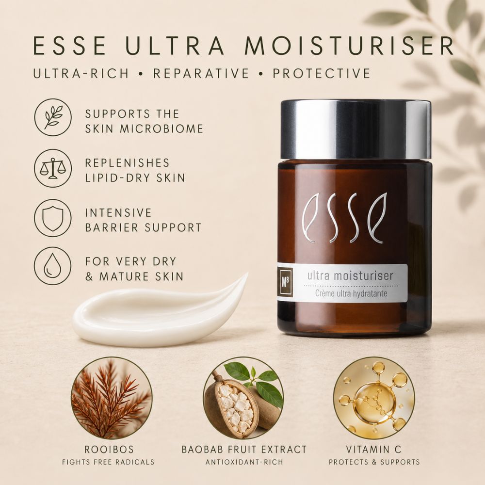 EssE Ultra Moisturiser jar shown on a light beige background with product claims text, a white spatula, and three ingredient icons for rooibos, baobab fruit extract, and vitamin C.