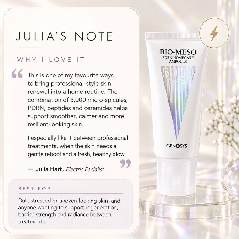GENQSYS BIO-MESO PDRN Homecare Ampoule shown next to a printed promotional card titled 'JULIA'S NOTE' on a bright, glossy white surface with soft decorative elements.