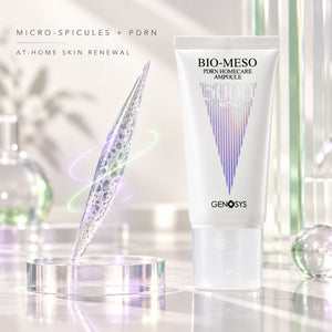 Genosys Bio-Meso PDRN Homecare Ampoule tube standing next to a liquid microneedling spicule on a reflective surface, with soft-focus laboratory-style props in the background and text reading 'MICRO-SPICULES + PDRN AT-HOME SKIN RENEWAL'.