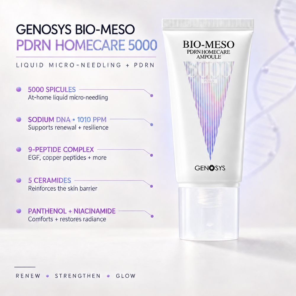 Genosys Bio-Meso PDRN Homecare Ampoule shown on a clean white background with marketing text and bullet points describing ingredients and benefits.