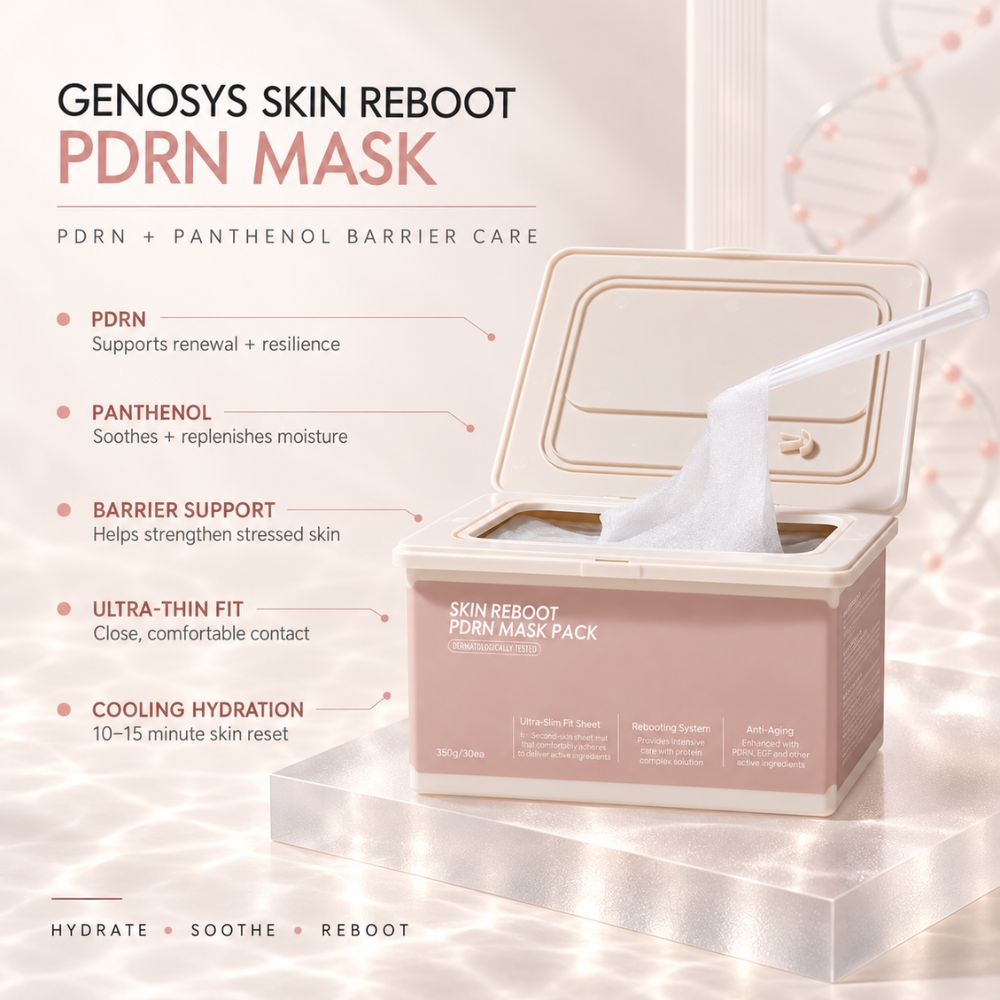 Genosys Skin Reboot PDRN Mask packaging shown open with a white mask sheet being pulled out, set on a glossy pedestal with marketing text callouts on a soft beige background.