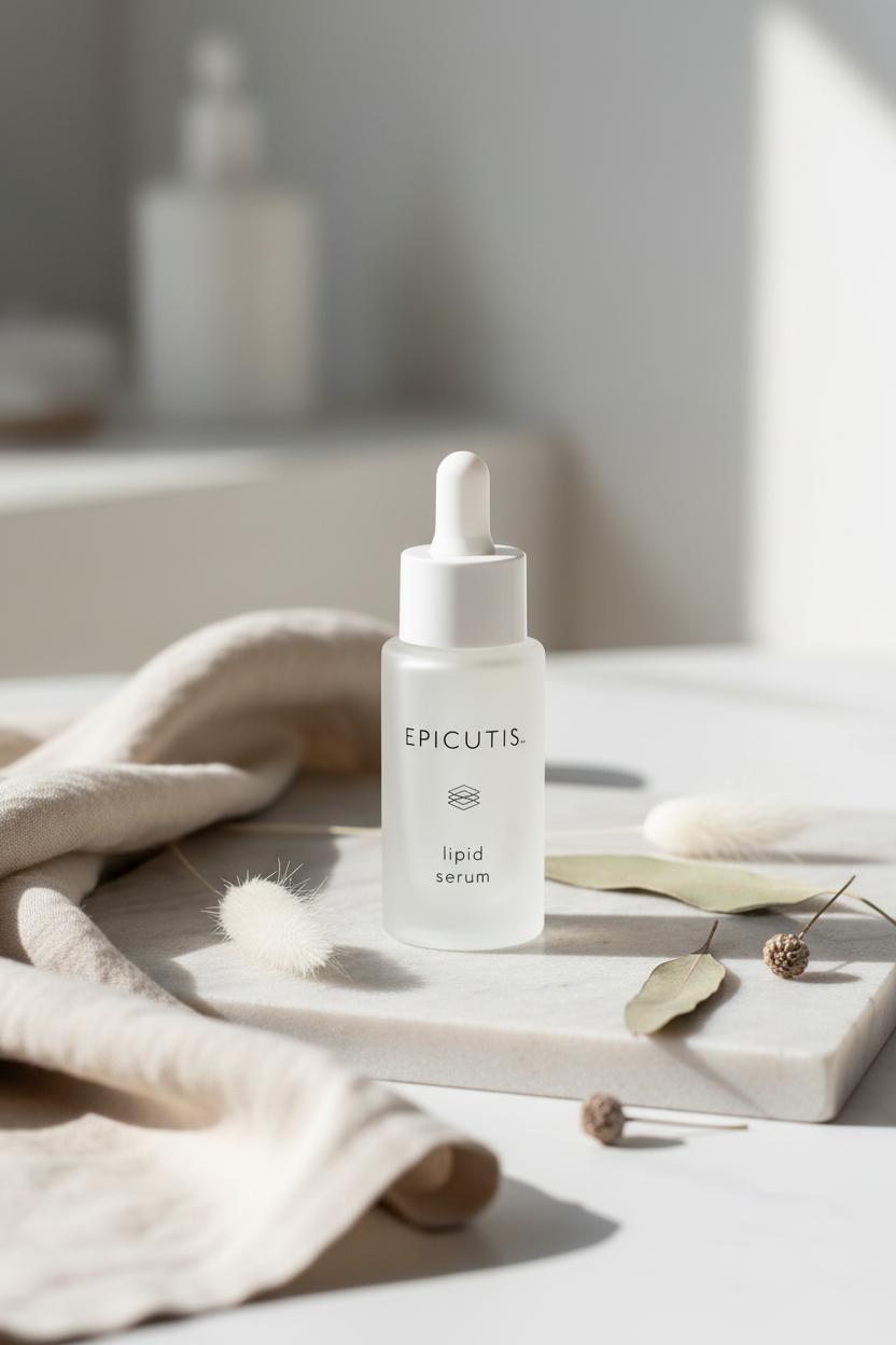 Epicutis Lipid Serum lifestyle image on stone surface with botanicals and linen