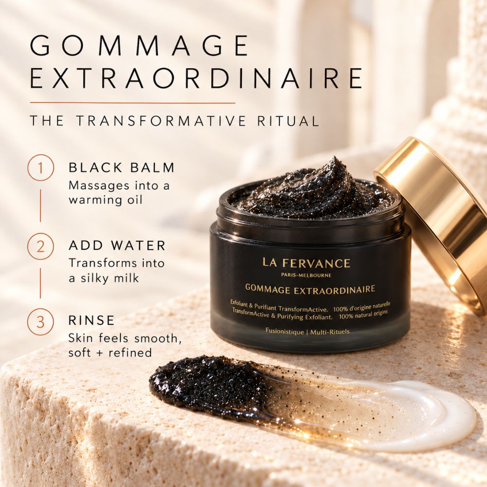 La Fervance Gommage Extraordinaire black face mask jar with its gold lid leaning beside it on a stone surface, with a smear of the black mask and a clear gel strip shown. Text on the left explains the ritual steps.