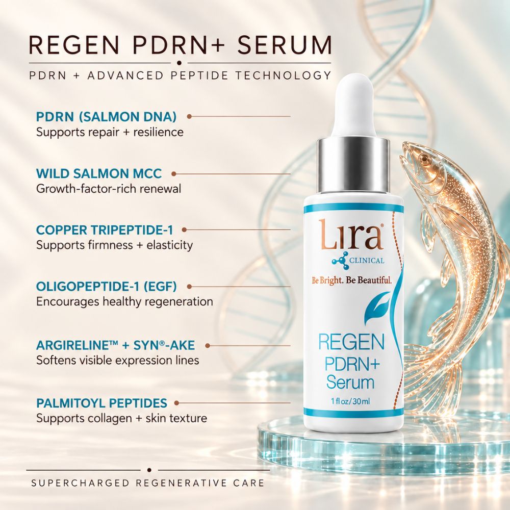 Lura Clinical Regen PDRN+ Serum dropper bottle displayed on a reflective surface with decorative fish and abstract background elements. Text on the left lists key ingredients and benefits, including salmon DNA, wild salmon MCC, copper tripeptide-1, oligopeptide-1, argireline and syn-A-ke, and palmitoyl peptides.