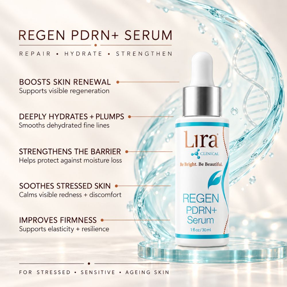 Lira Clinical Regen PDRN+ Serum in a 1 fl oz dropper bottle, displayed on a glass pedestal with water splash graphics and descriptive marketing text on a light beige background.