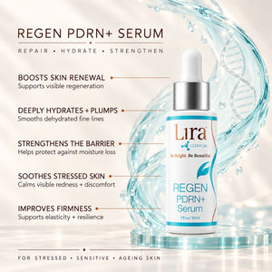 Lira Clinical Regen PDRN+ Serum in a 1 fl oz dropper bottle, displayed on a glass pedestal with water splash graphics and descriptive marketing text on a light beige background.