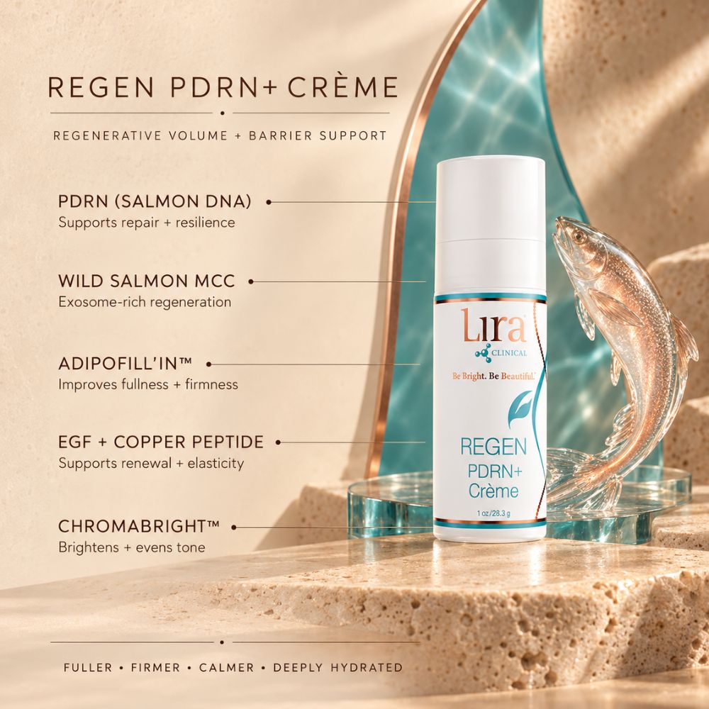 Lira Skincare Regen PDRN + Crème cream bottle displayed on a beige stone surface next to a glass fish sculpture, with text callouts detailing key ingredients and benefits.