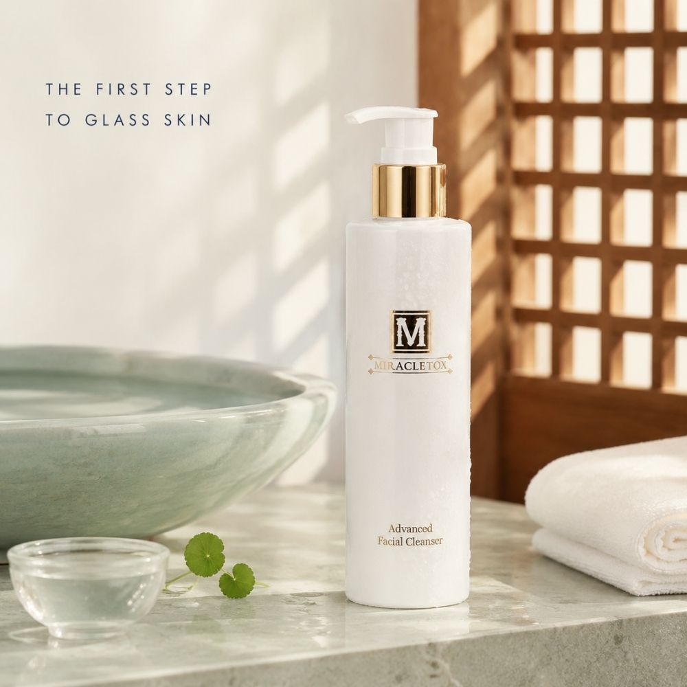 A bottle of Miracletox Advanced Facial Cleanser stands on a marble surface in a Korean bathroom-like setting with a bowl, small glass dish, Centella leaves, and a folded towel. The bottle is white with a gold pump collar and a white pump top.